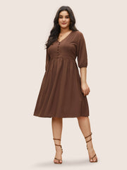 Solid Pleated Button Detail Lantern Sleeve Dress