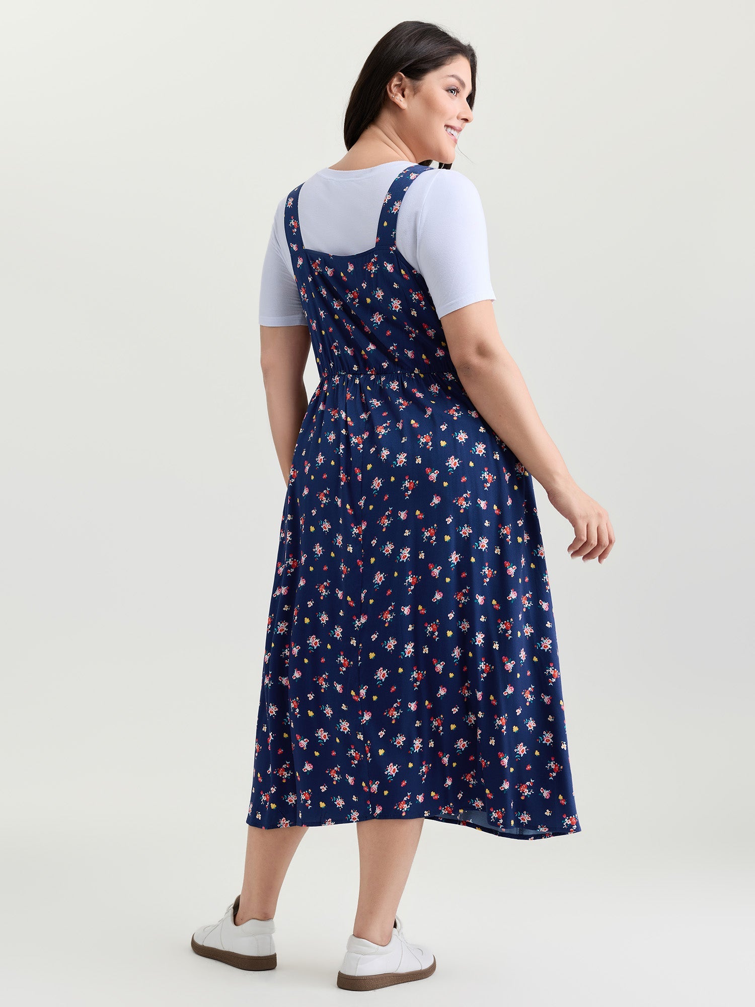 Sweet Floral Print Adjustable Midi Overall Dress