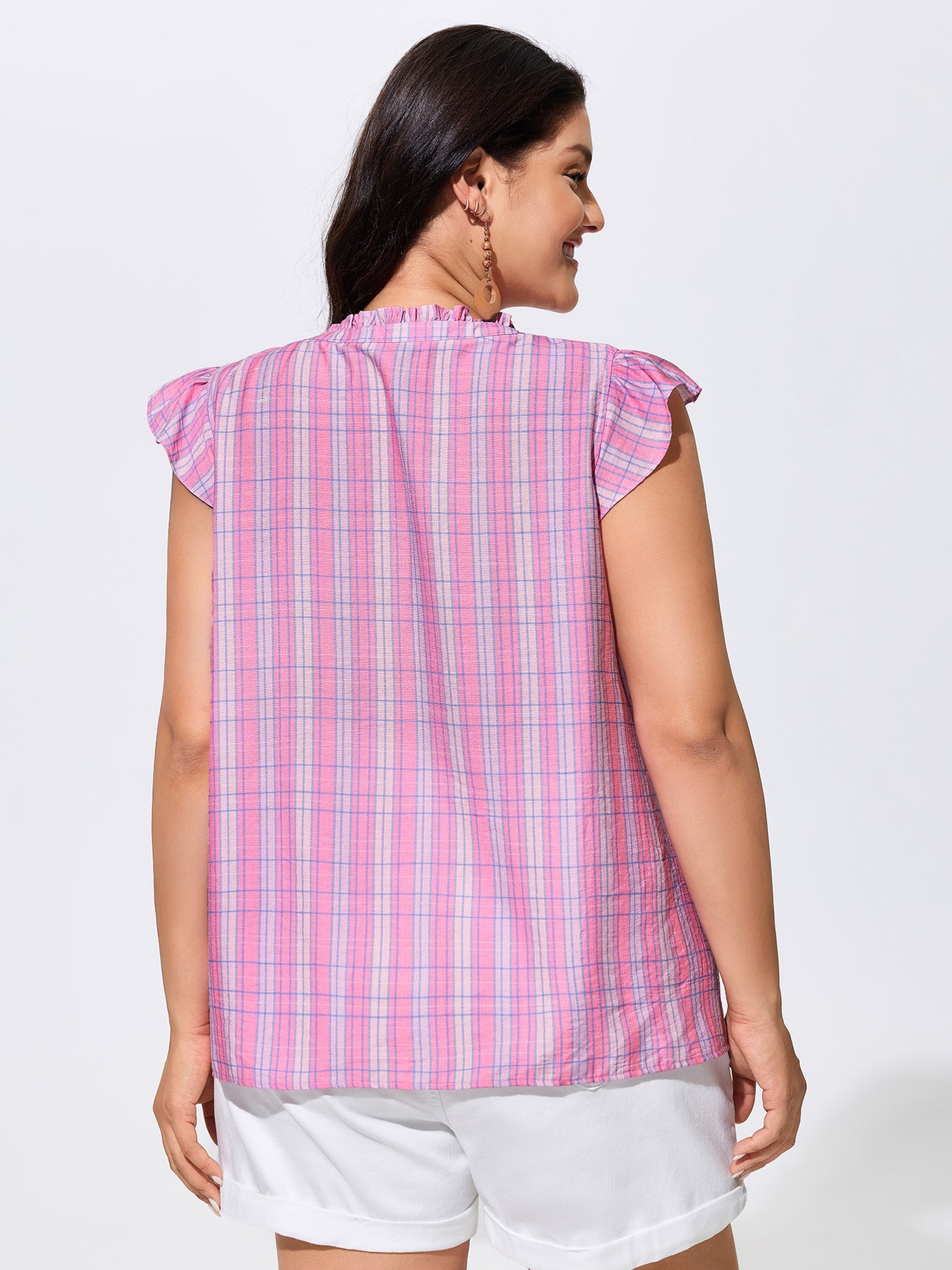 Colorful Striped Print Shirred Neckline Top