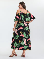 Tropical Pattern Off-Shoulder Maxi Dress