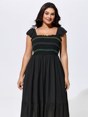 Shirred Flutter Sleeve Plain Midi Dress