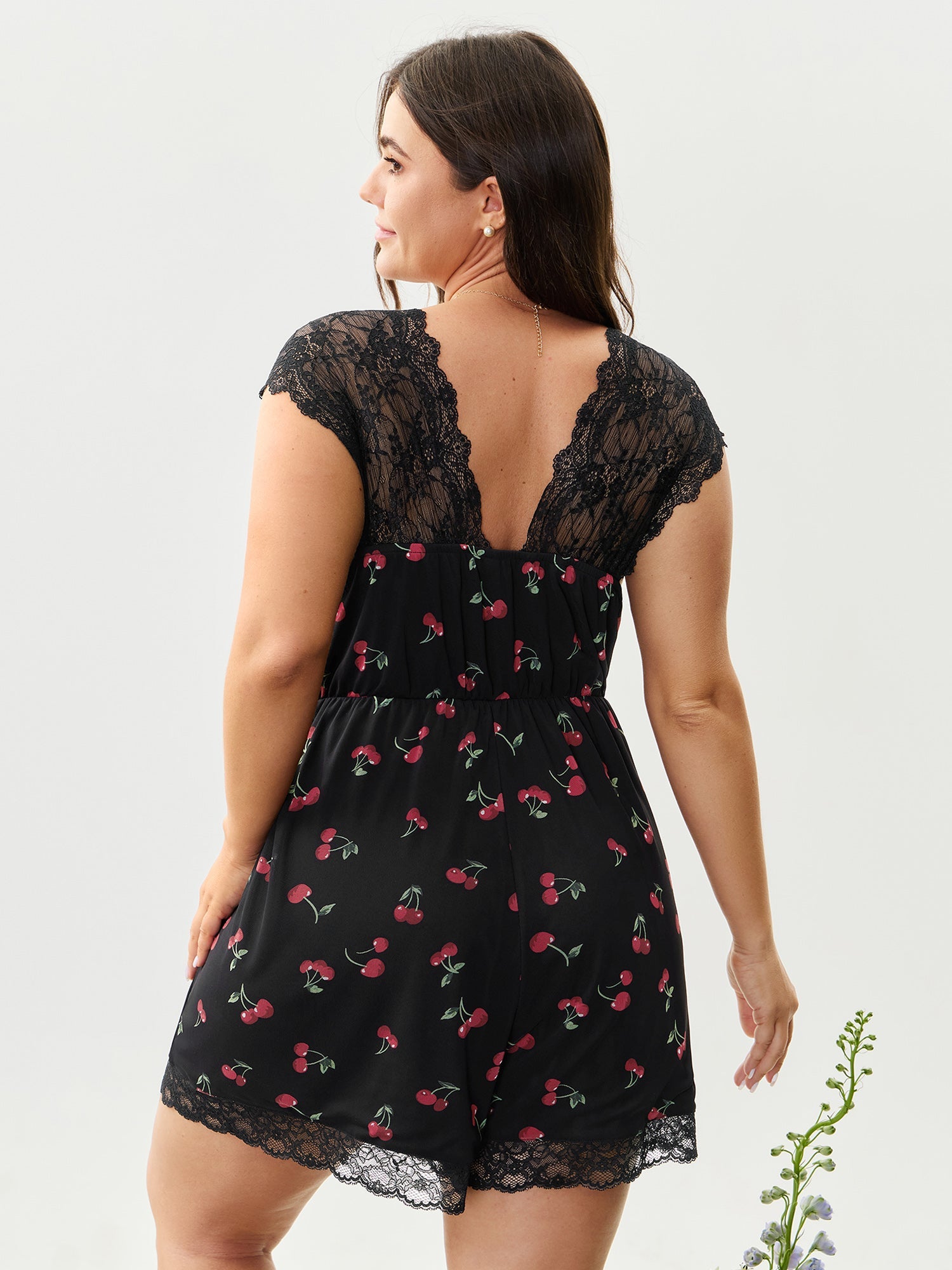 Sweet Cherry Lace Sleeve Lounge Romper
