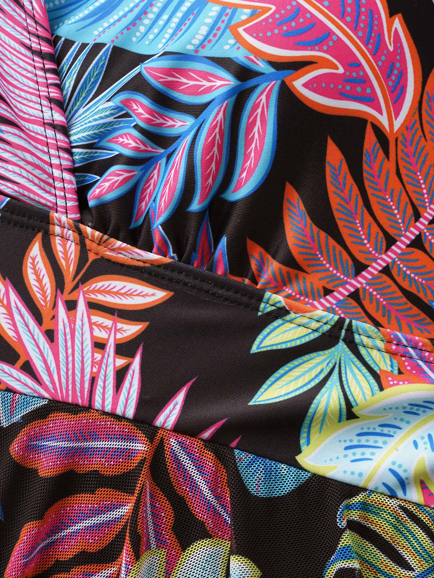 Tropical Print Overlap Collar Hanky Hem Swim Dress