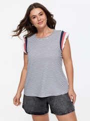 Cotton Striped Print Ribbed Color Contrast T-Shirt