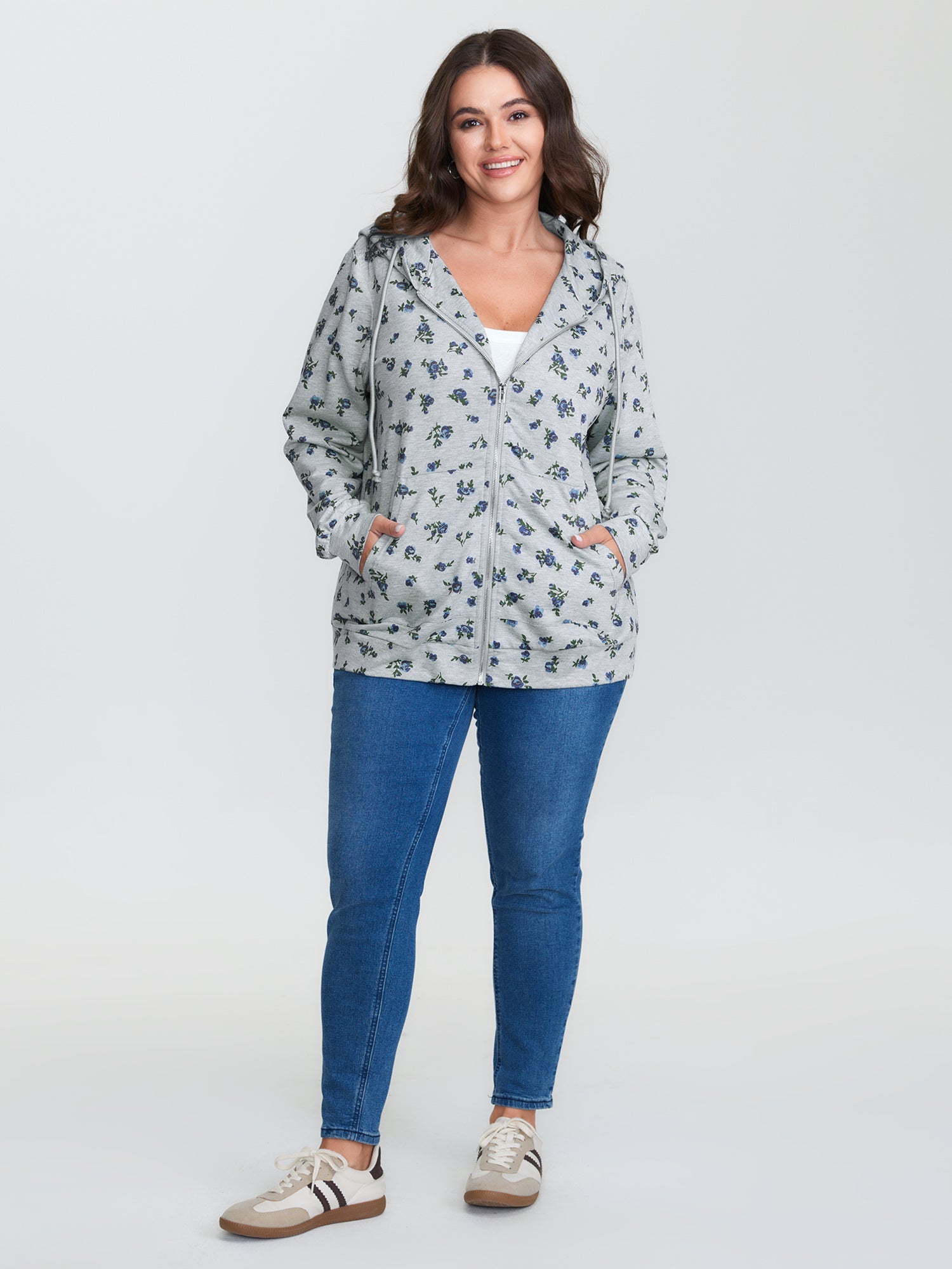 Floral Print Zipper Hoodie