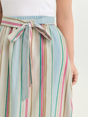 Cotton Striped Print Waist-Tie Maxi Skirt