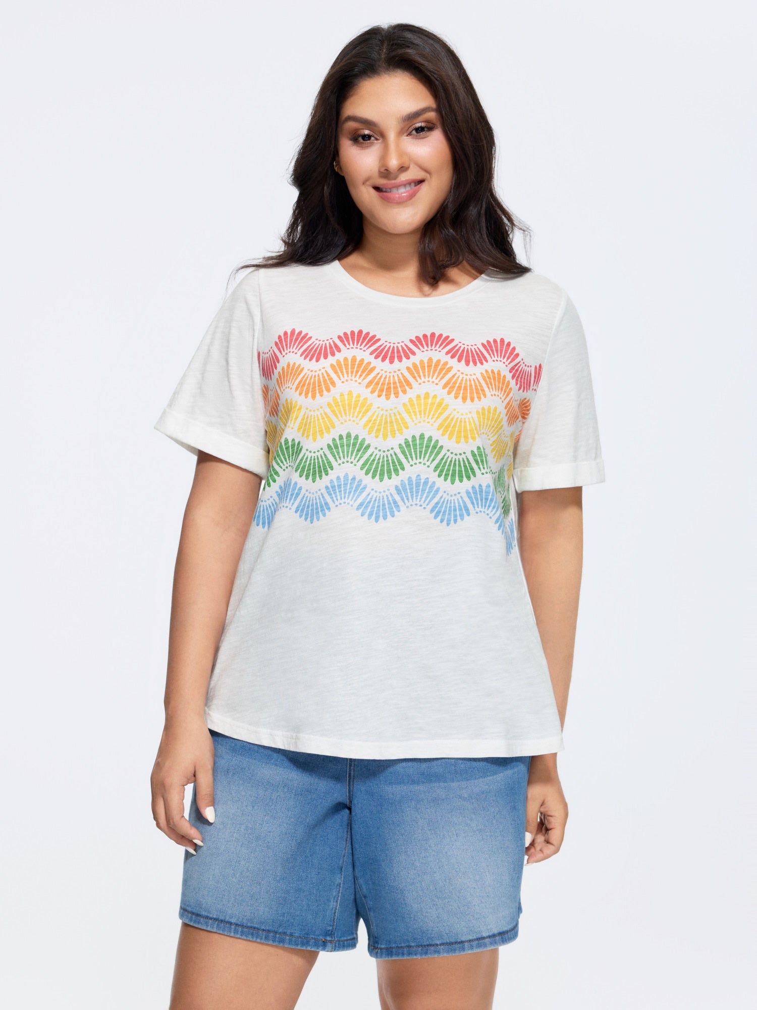 Cotton Stretchy Wavy Colorful Print T-Shirt