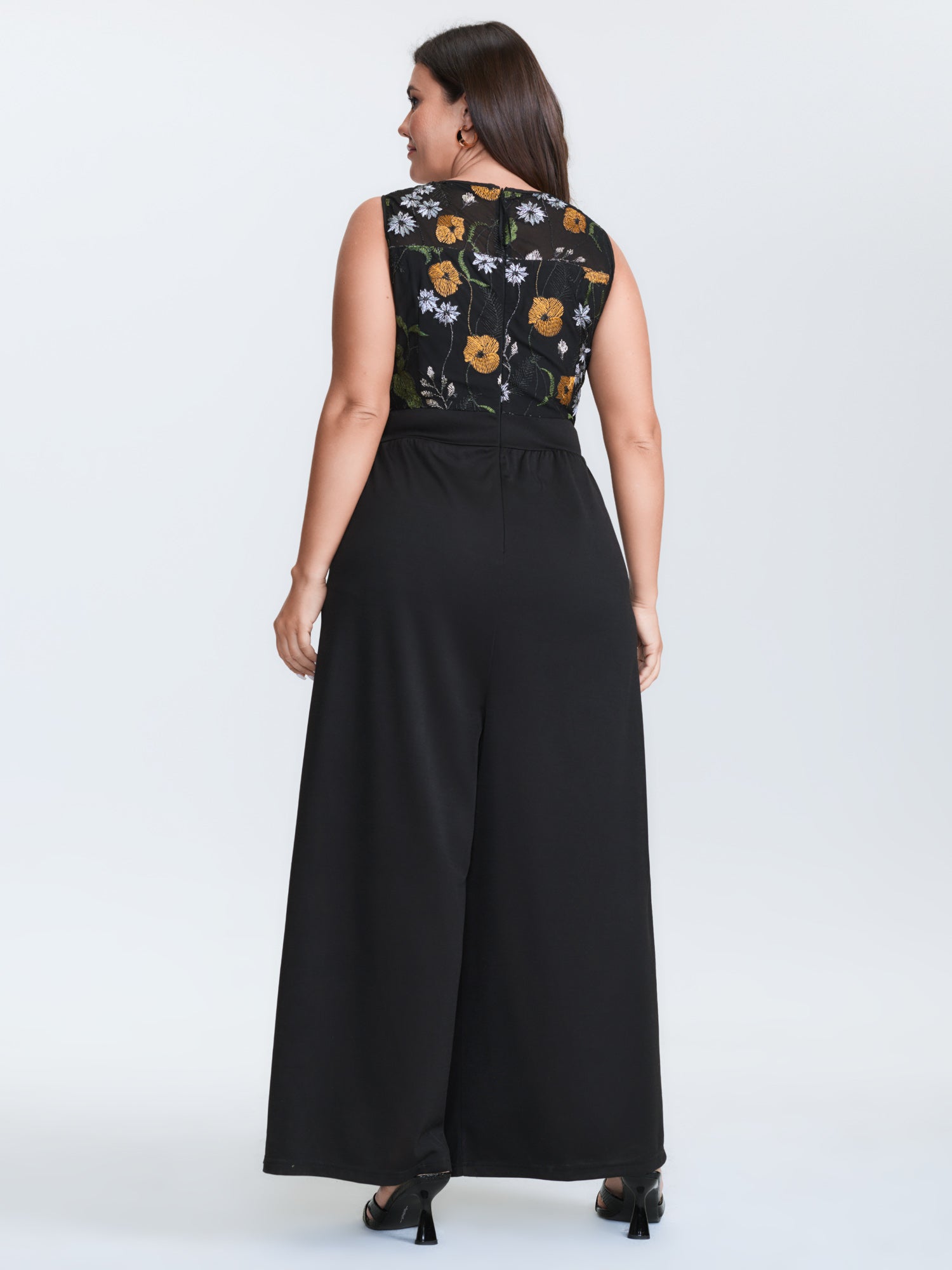 Sheer Floral Cinched Waist Contrast Jumpsuit