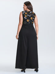 Sheer Floral Cinched Waist Contrast Jumpsuit