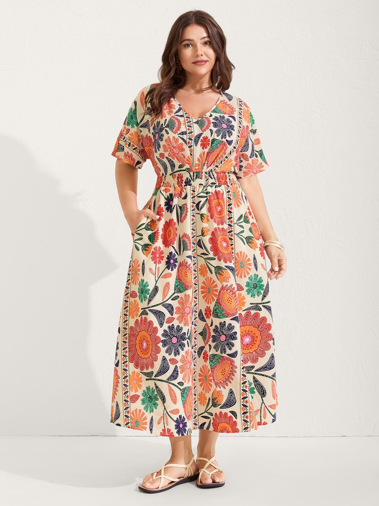 Floral Print Gathered Waist Pleated Maxi Dress