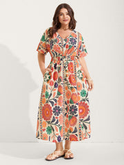 Floral Print Gathered Waist Pleated Maxi Dress