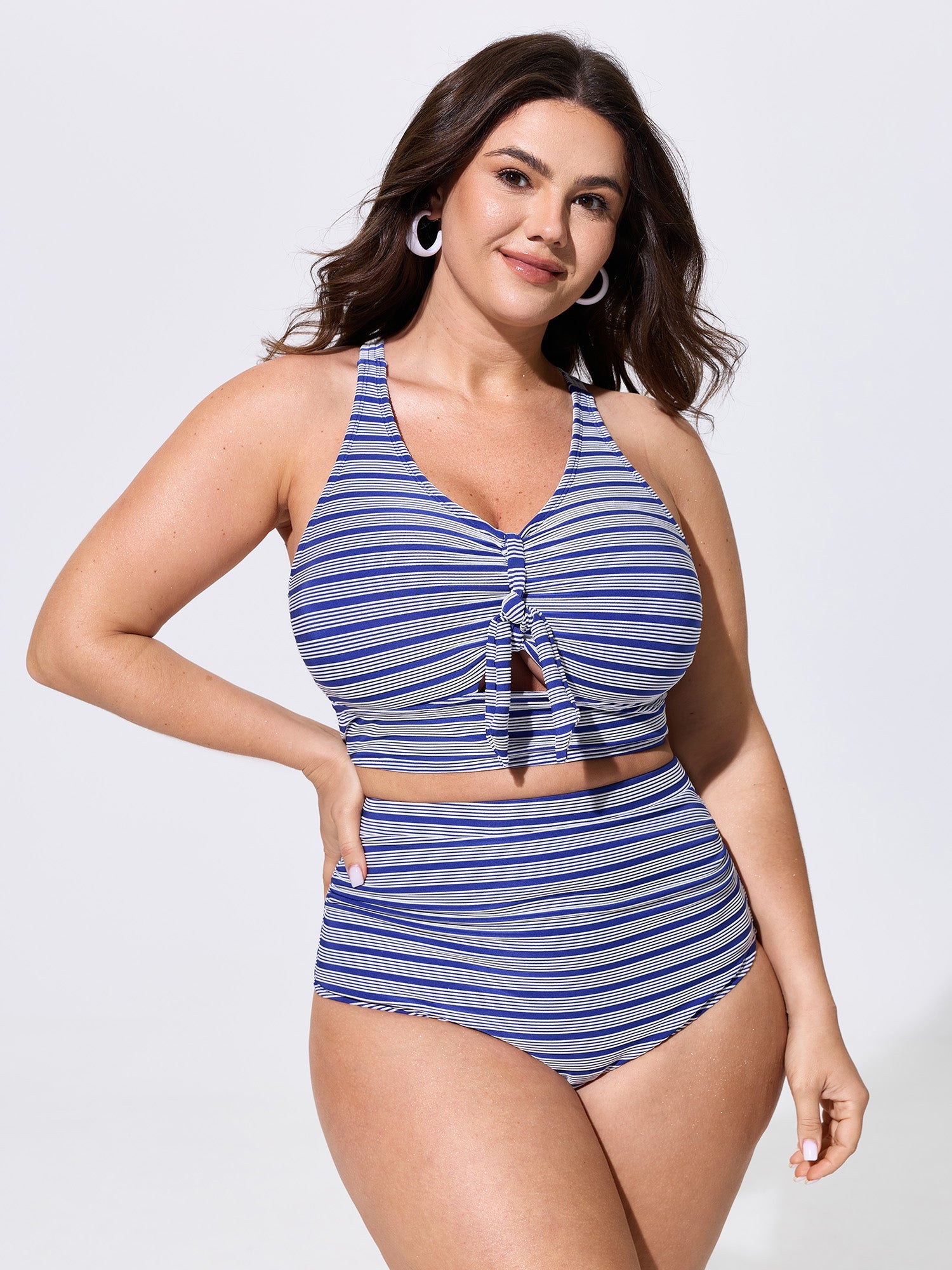 Striped Print Knotted Front Swim Top