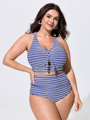Striped Print Knotted Front Swim Top