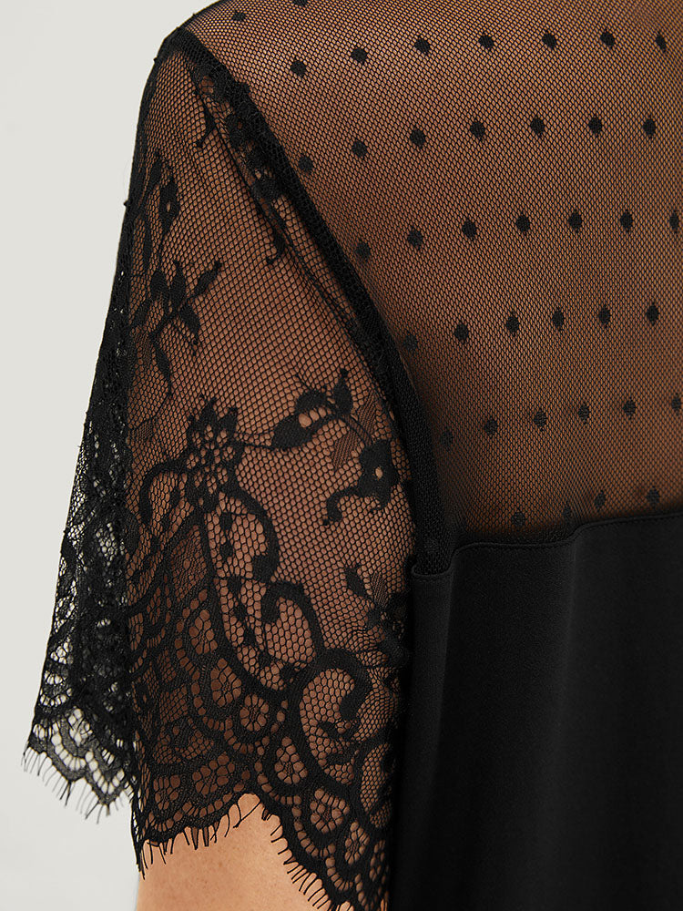 Plain Pocket Lace Mesh Patchwork Dress