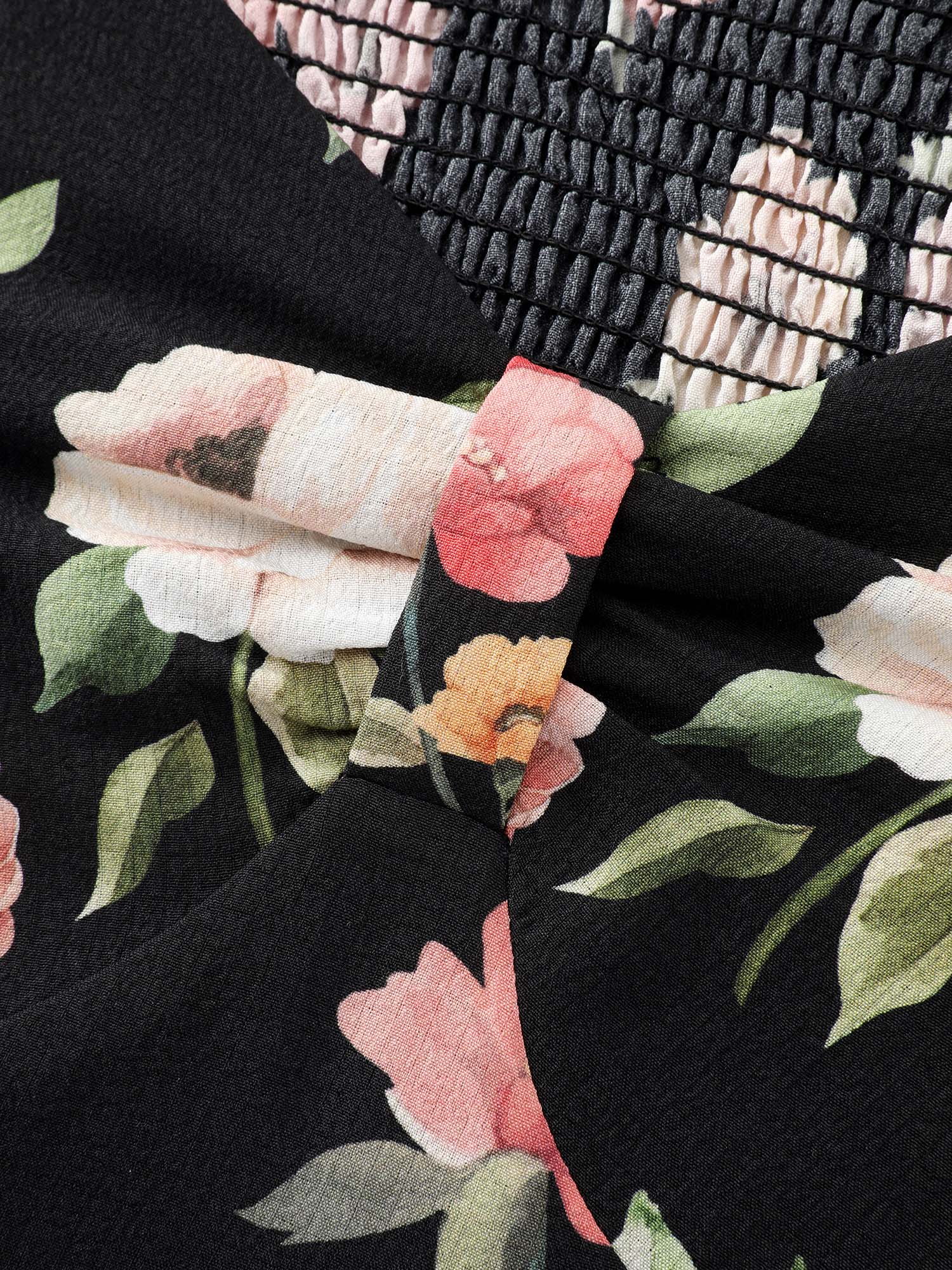 Floral Print Puffy Sleeve Shirred Midi Dress