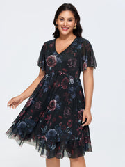 Stretchy Floral Mesh V-Neck Mini Dress