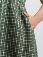 Checkered Print Shirred Pockets Midi Dress