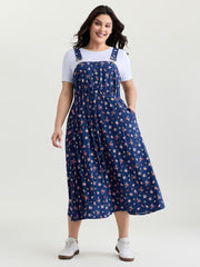 Sweet Floral Print Adjustable Midi Overall Dress