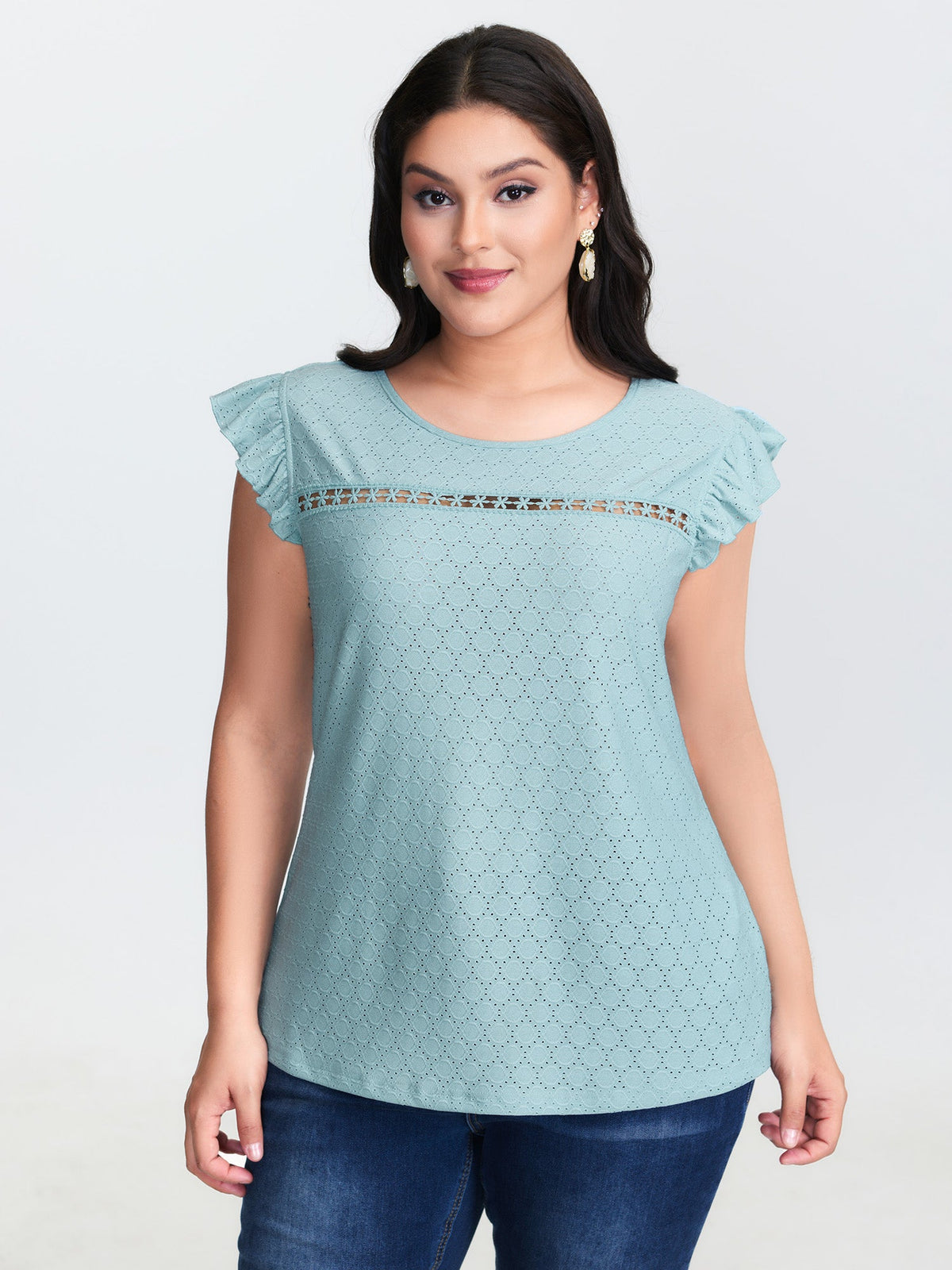 Textured Lace Trim Flutter Sleeve T-Shirt