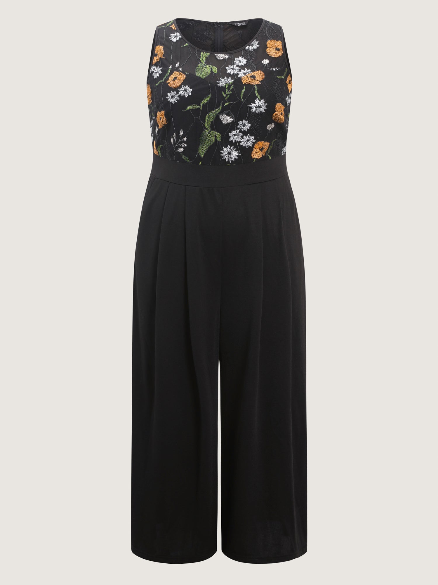 Sheer Floral Cinched Waist Contrast Jumpsuit