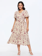 Garden Print Lace Neckline Midi Dress
