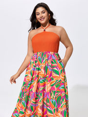 Tropical Floral Print Halter Neck Shirred Midi Dress