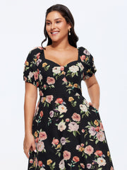 Floral Print Puffy Sleeve Shirred Midi Dress