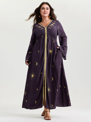 Star Moon Print Color Contrast Maxi Dress