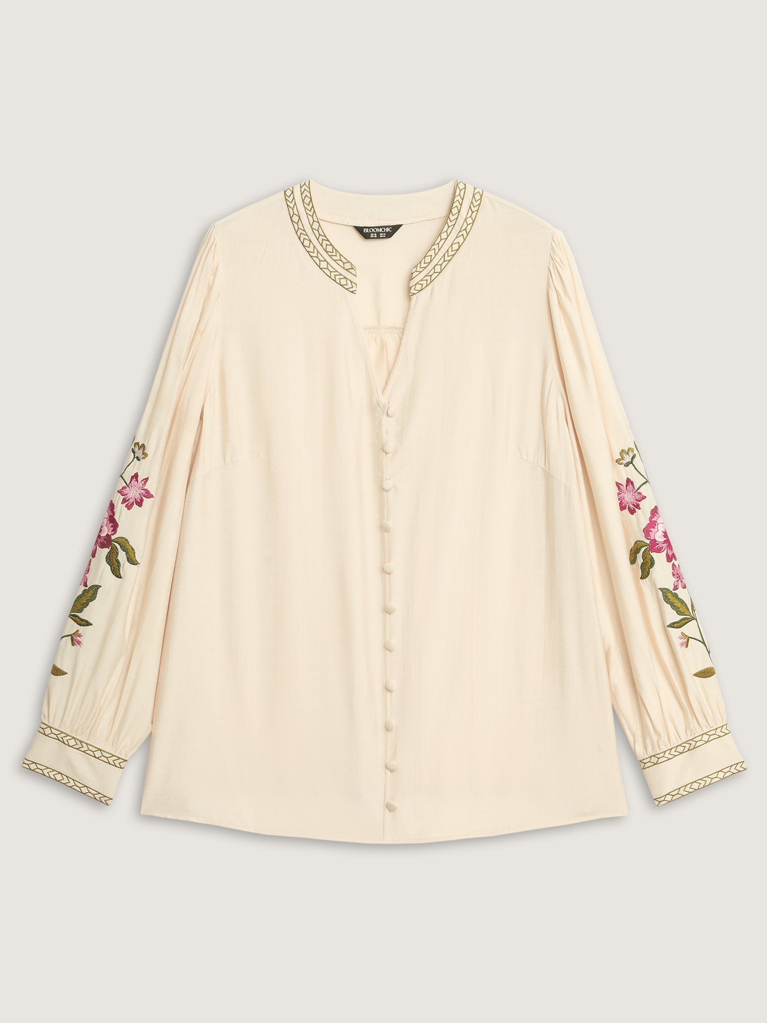Floral Embroidery Button Front Blouse