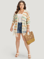 Rainbow Striped Fringe Trim Open Front Cardigan