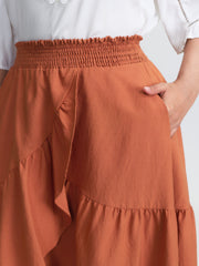 Shirred Waist Ruffled High Low Hem Midi Skirt