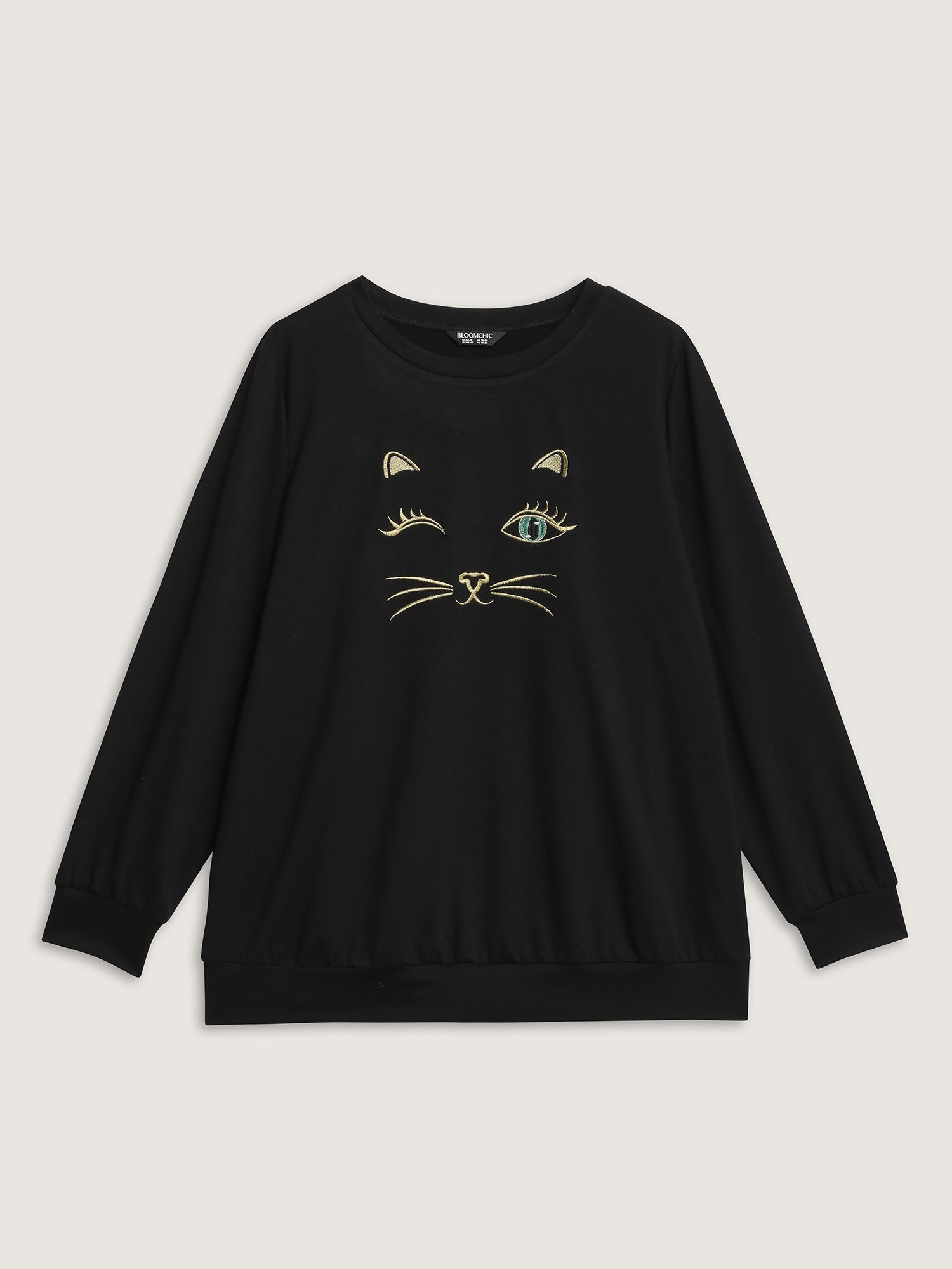 Meow Embroidery Stretchy Round Neck Sweatshirt
