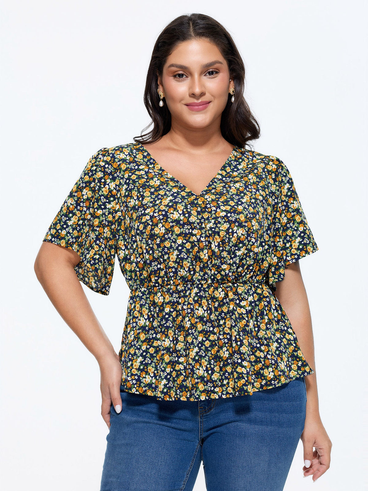Floral Print Cinched-Waist Blouse