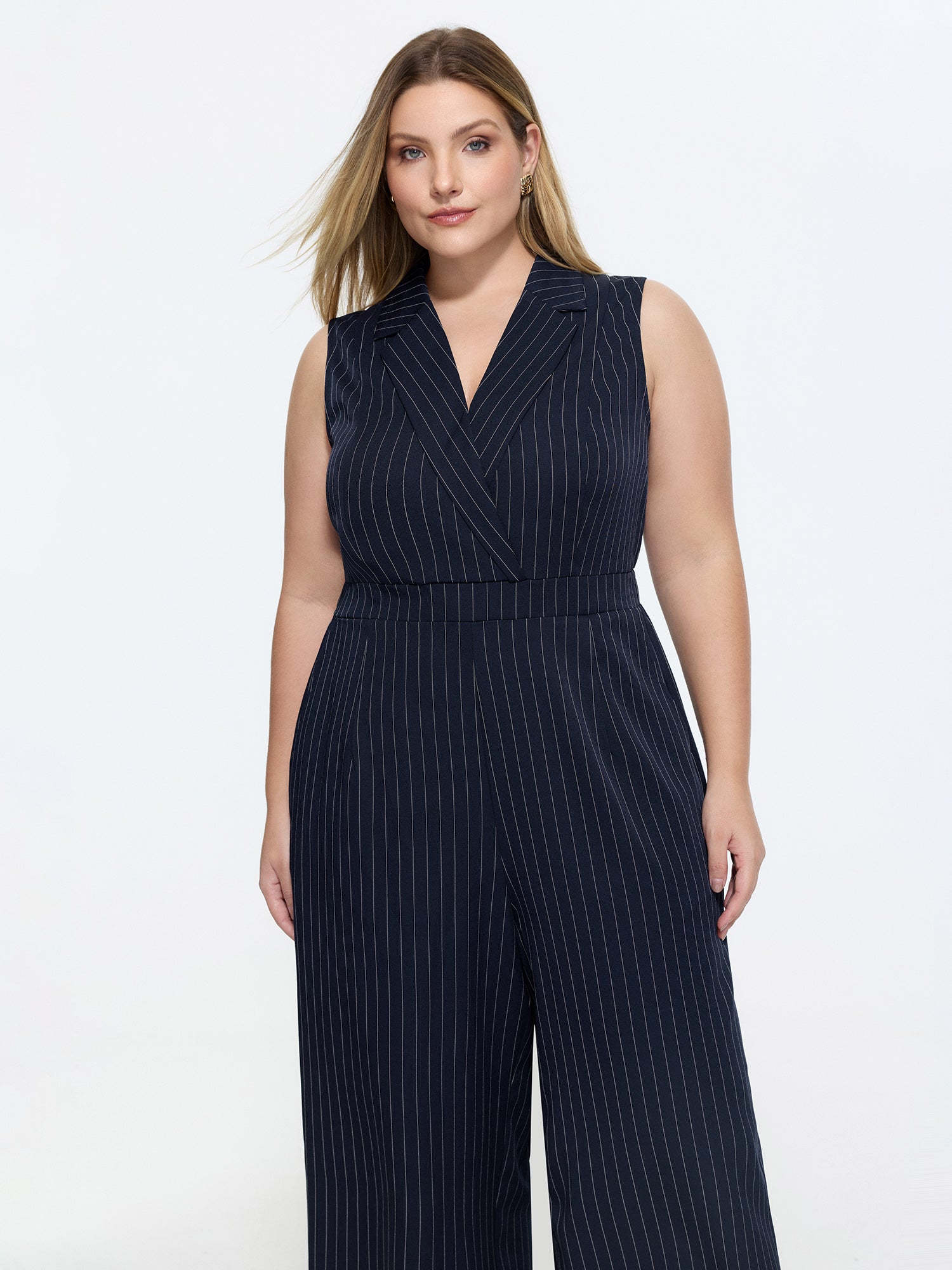 Striped Print Collared Sleeveless Jumpsuit