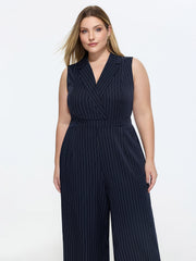 Striped Print Collared Sleeveless Jumpsuit