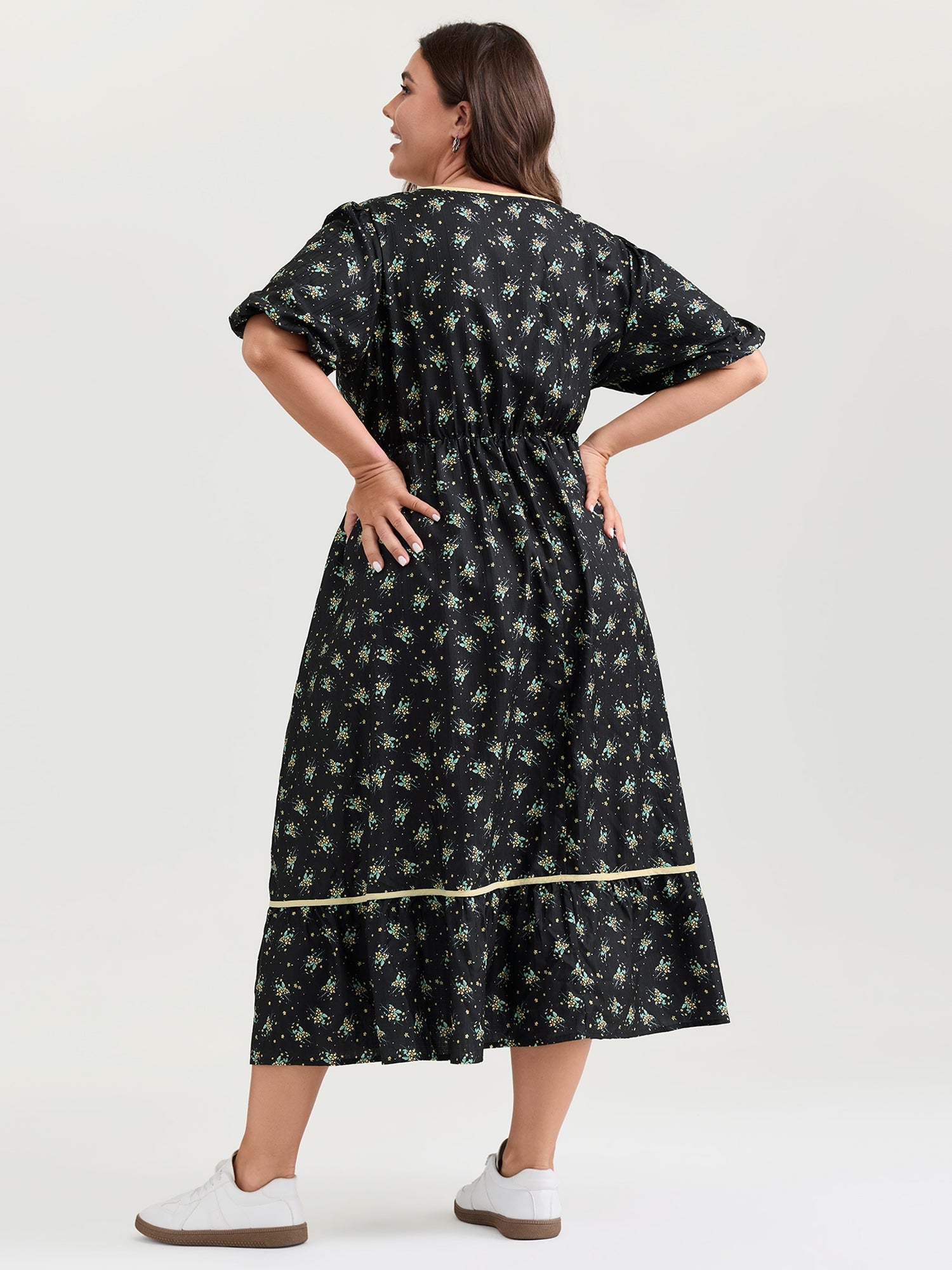 Floral Print Neck Tie Contrast Midi Dress