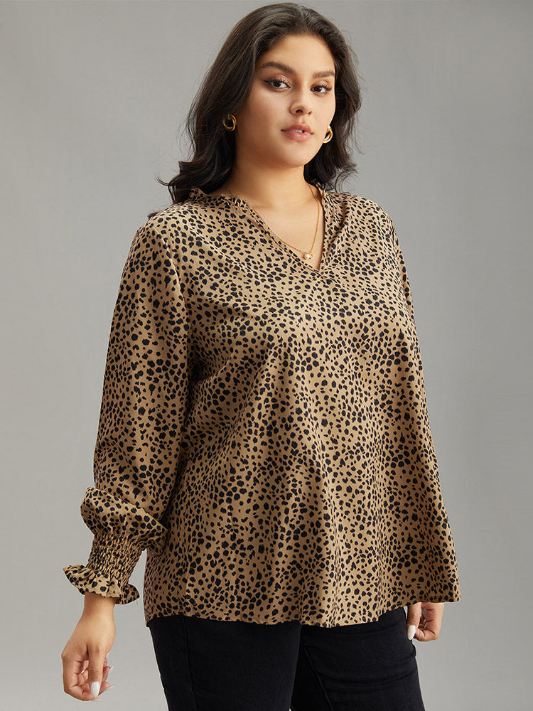 Leopard Shirred Notched Lantern Sleeve Blouse