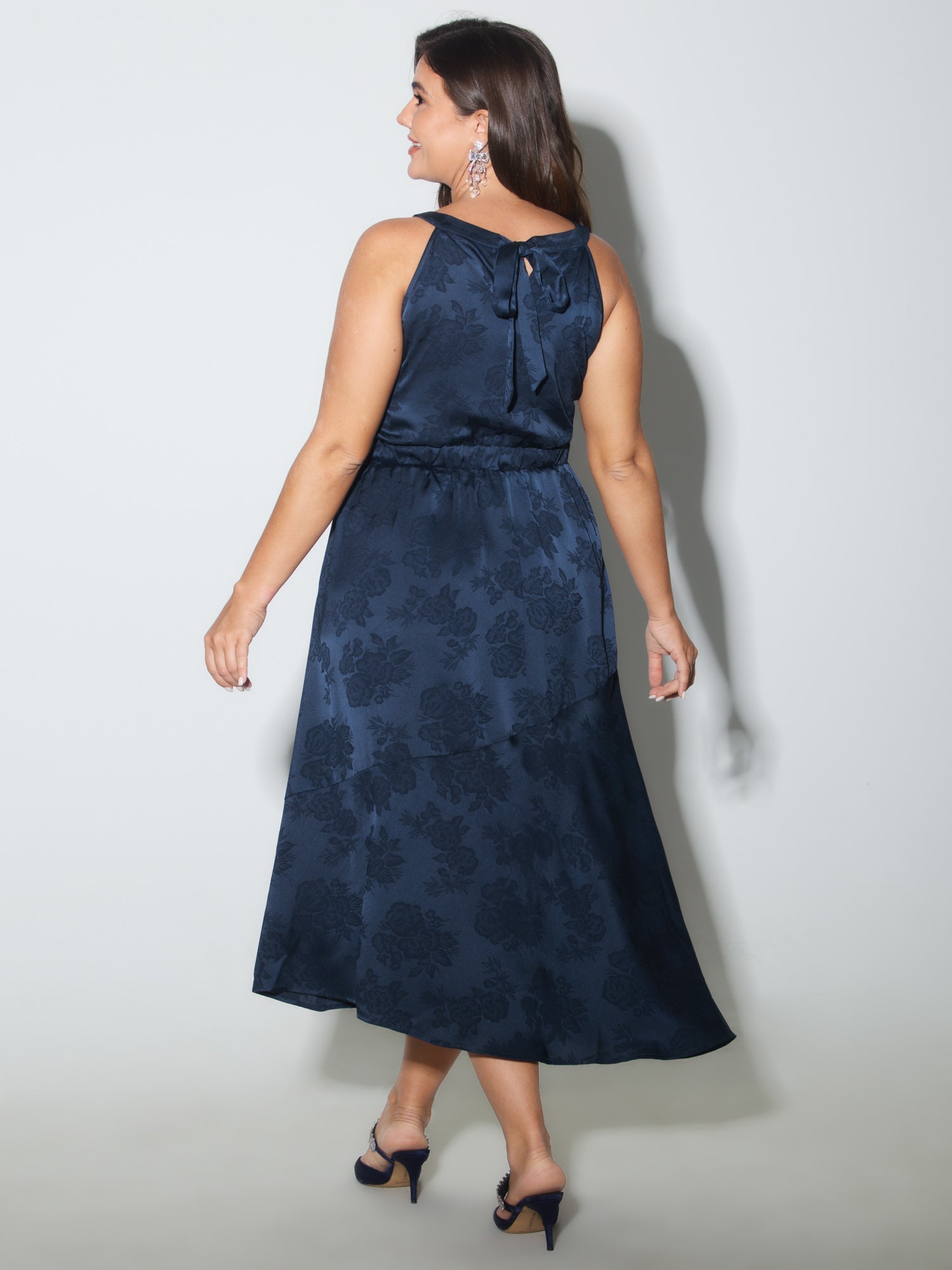 Satin Jacquard Asymmetrical Hem Midi Dress