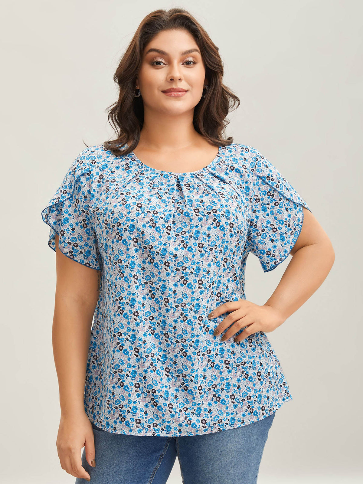 Floral Print Petal Sleeve Pleated Neck Blouse