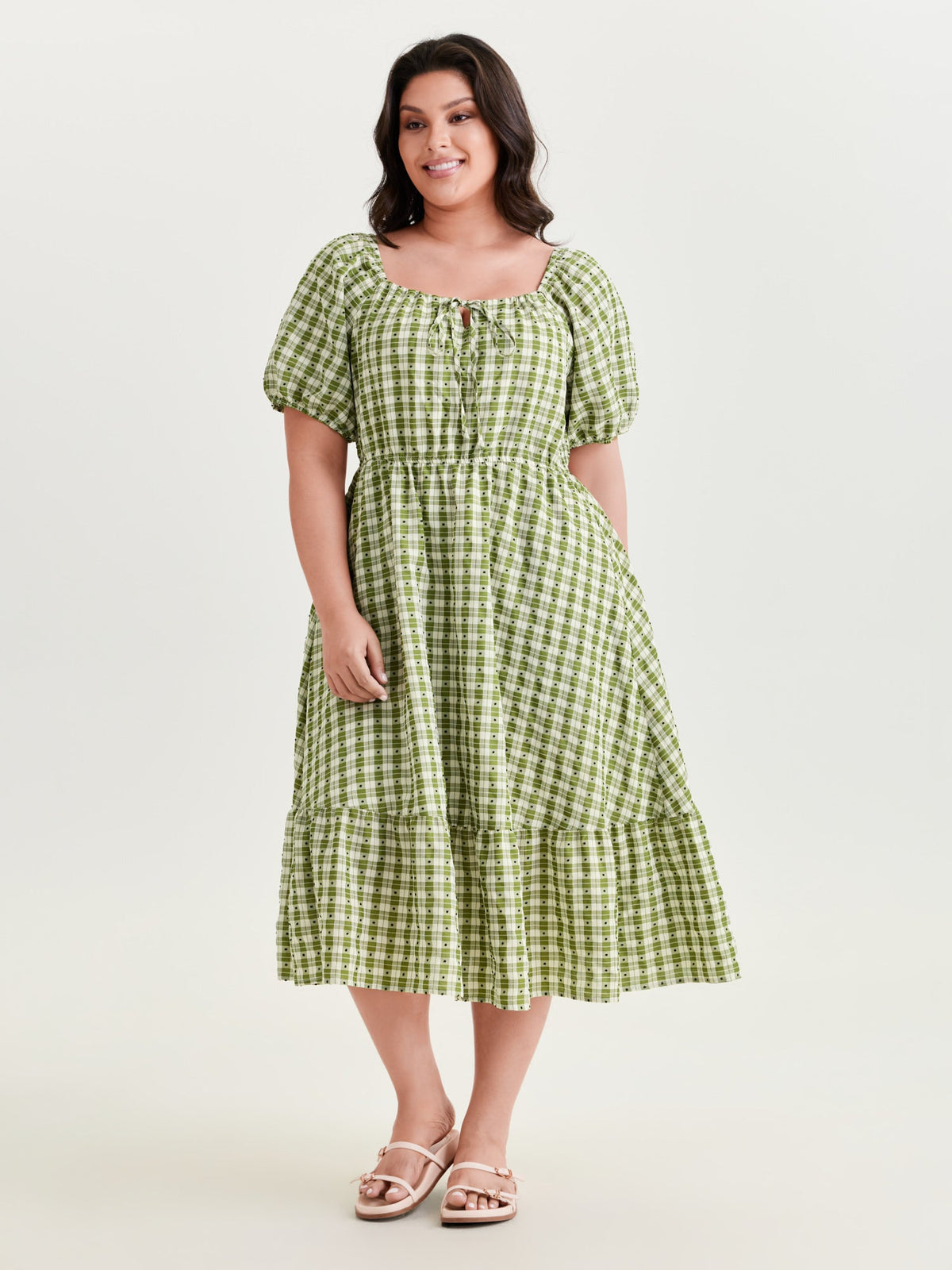 Gingham Print Adjustable Drawstring Neckline Midi Dress