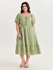 Gingham Print Adjustable Drawstring Neckline Midi Dress