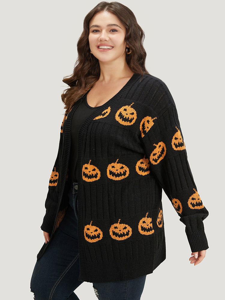 Halloween Pumpkin Graphic Open Front Cardigan
