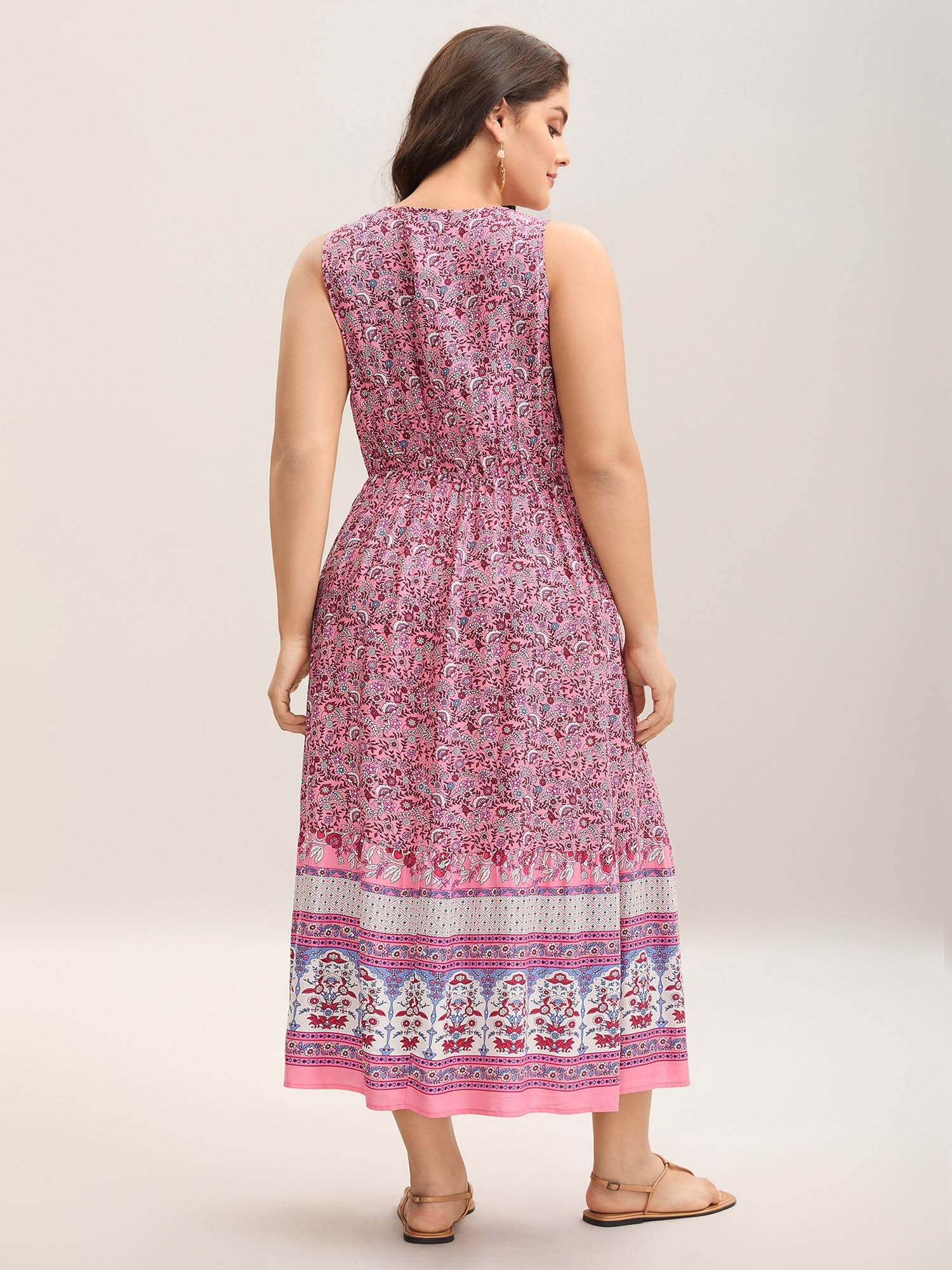 Rayon Floral Print Stretchy Waist Midi Dress