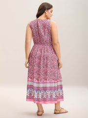 Rayon Floral Print Stretchy Waist Midi Dress