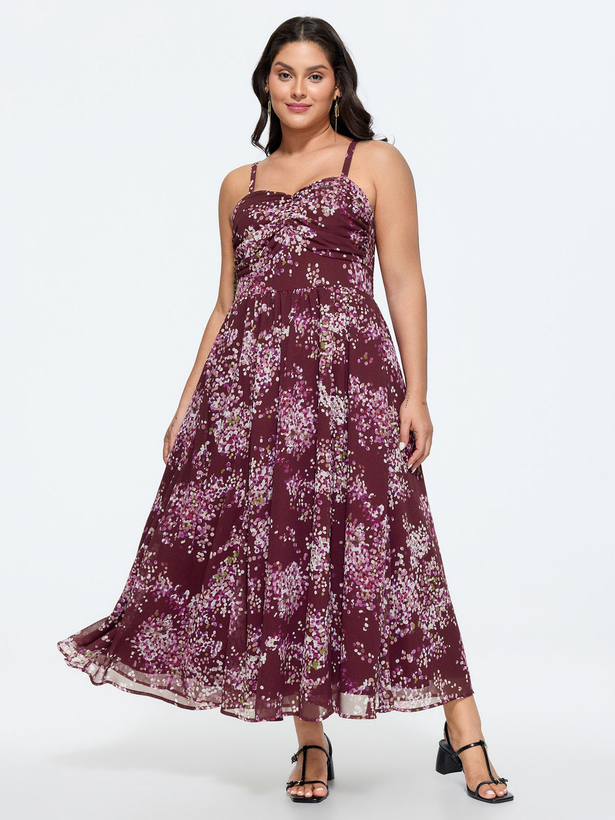 Elegant Floral Print Shirred Cami Maxi Dress