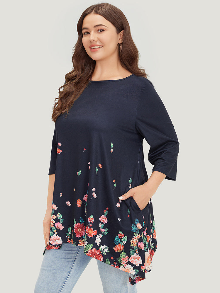 Floral Print Crew Neck Asymmetrical Hem T-shirt
