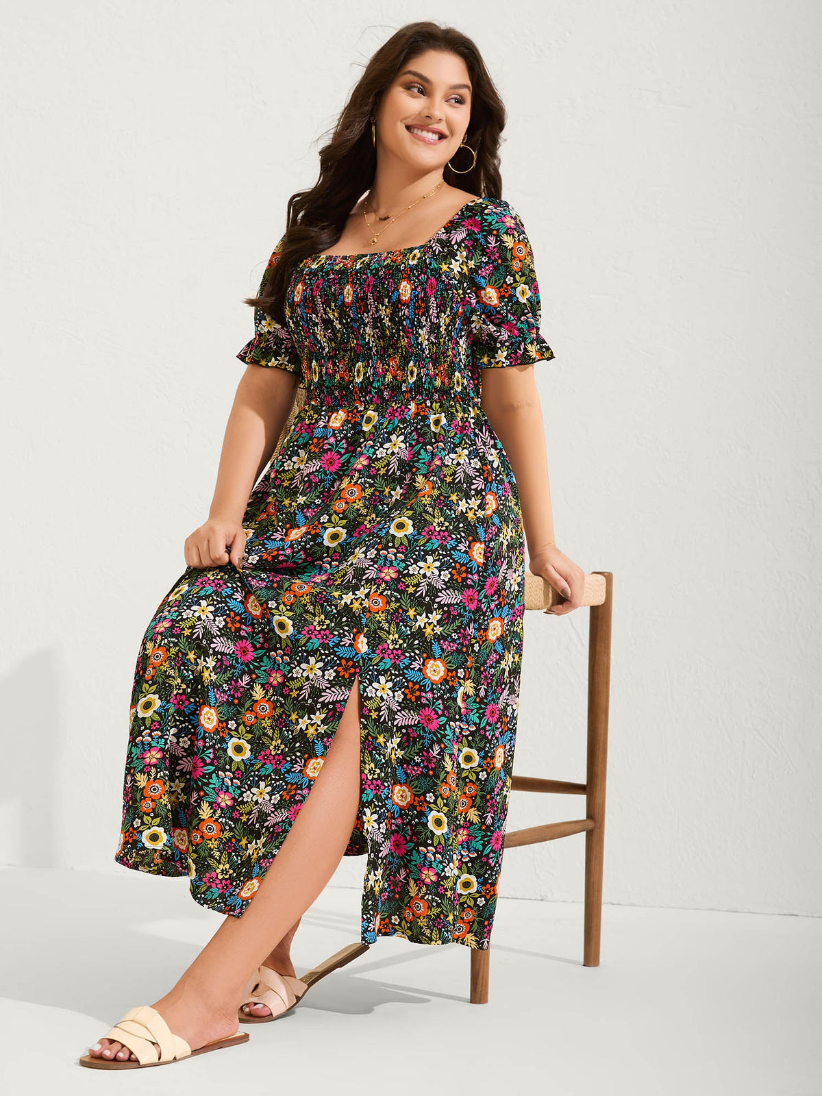 Shirred Stretchy Waist Floral Maxi Dress