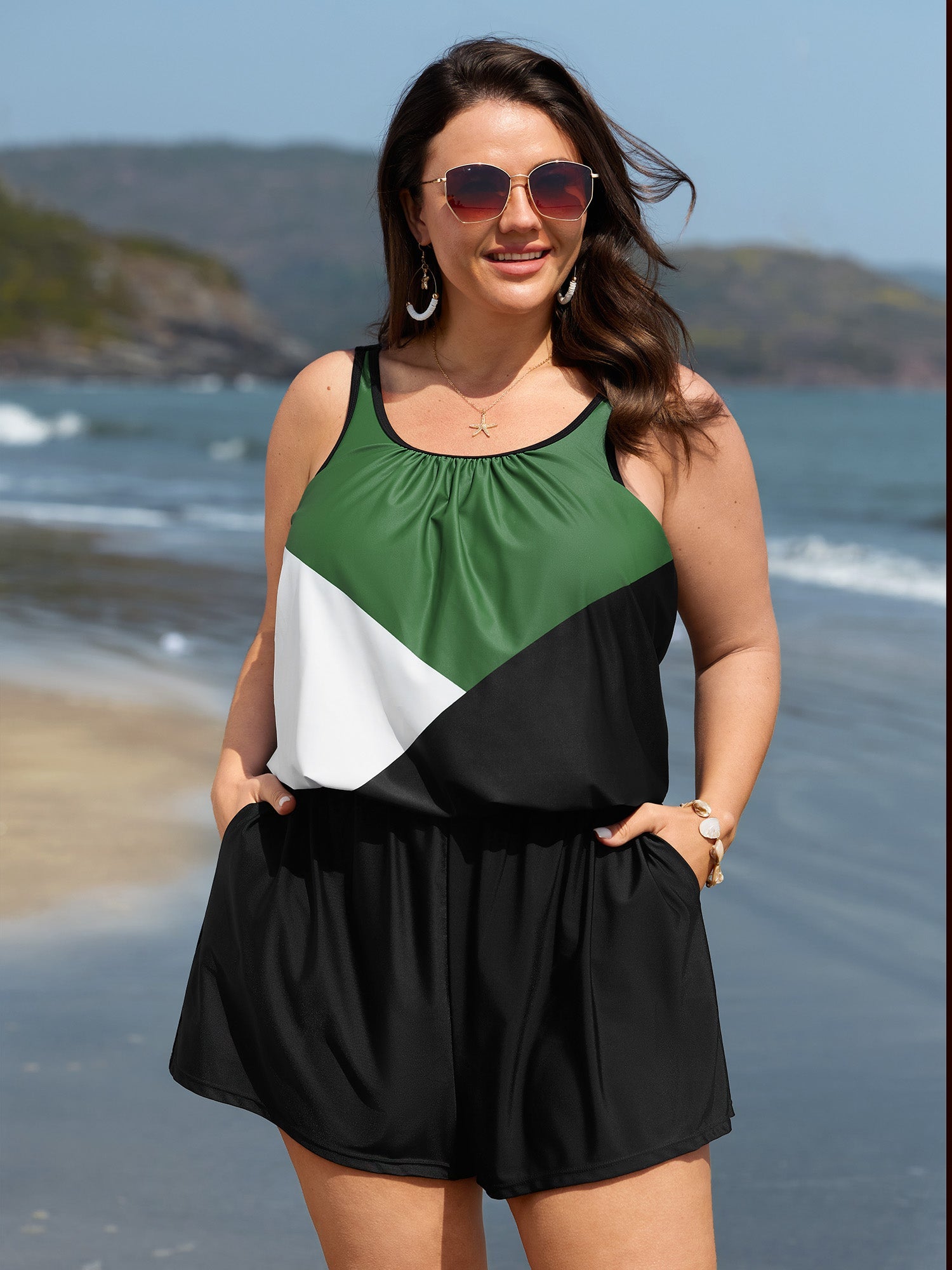 Colorblock Pockets Adjustable One-Piece Swimsuit