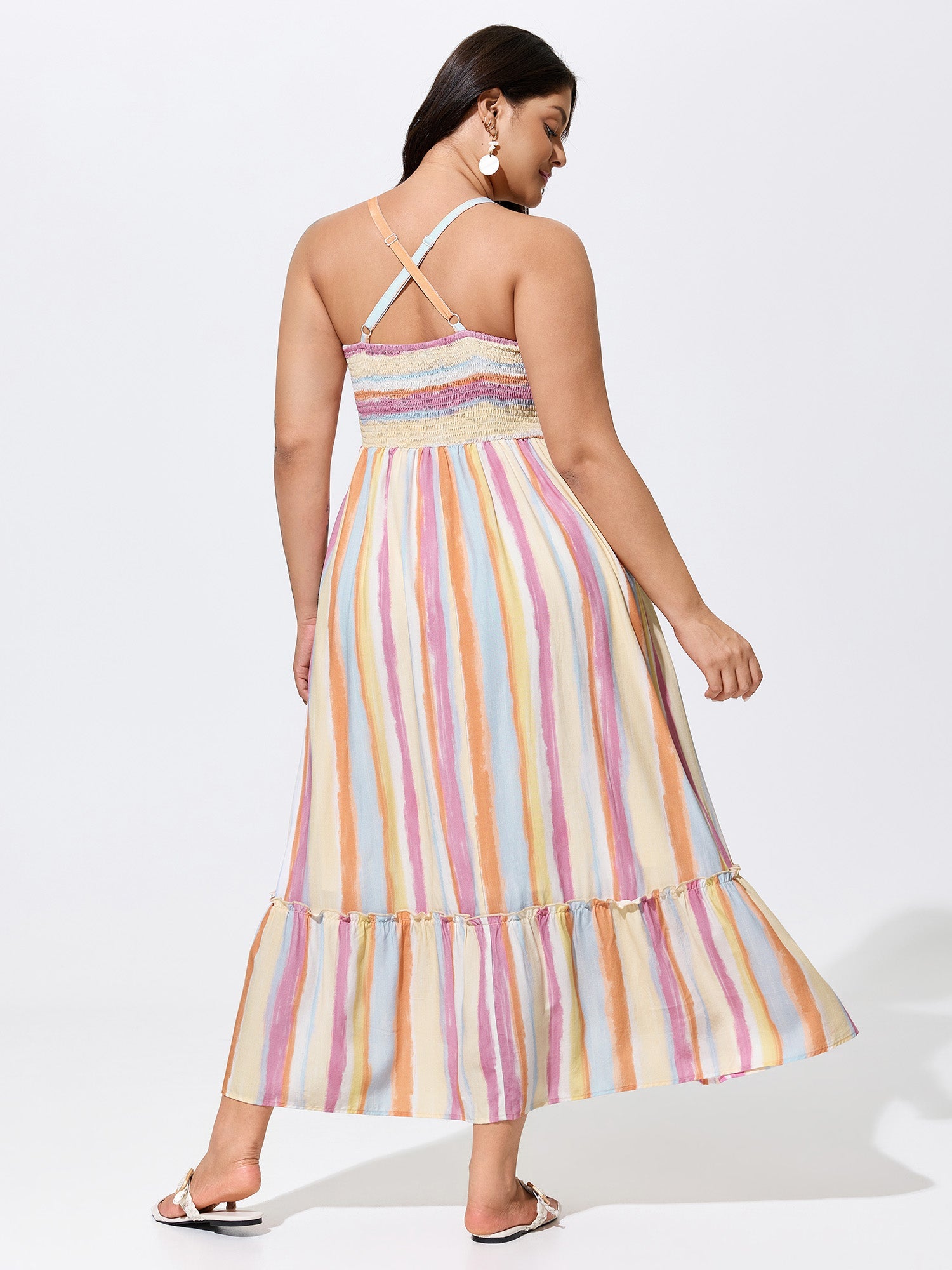 Colorful Striped Print Shirred Pockets Maxi Dress