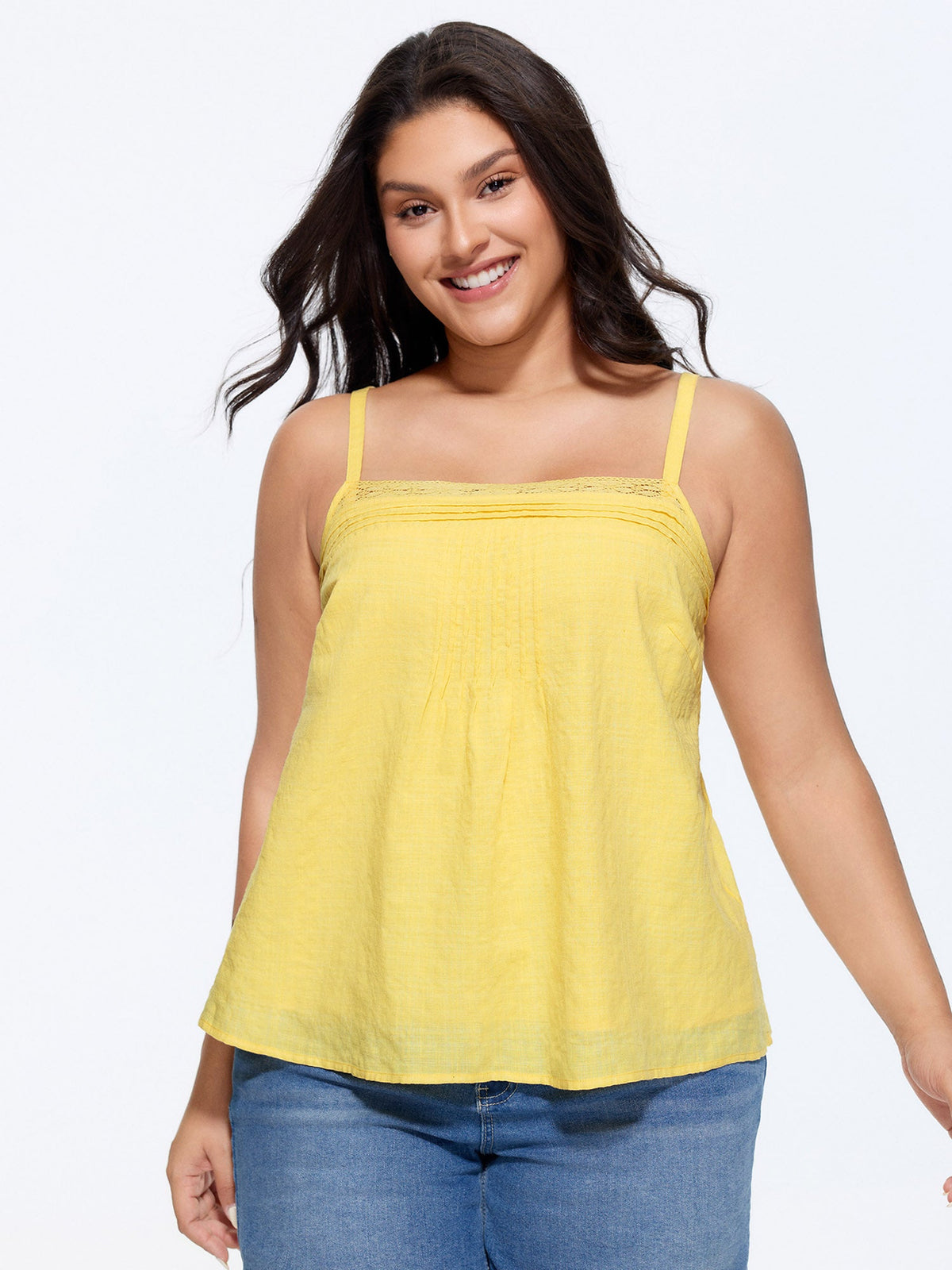 Cotton Pleated Lace Detail Flowy Tank Top